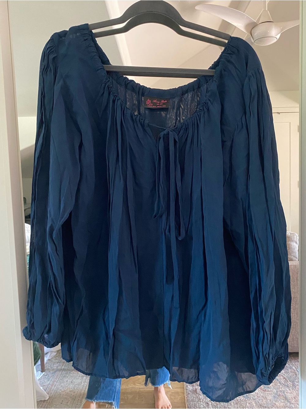 Anna Bella free size blouse teal blue peasant top neck tie elastic sleeve rayon